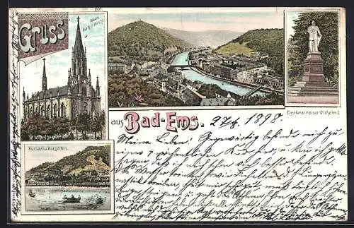 Lithographie Bad Ems, Neue kathol. Kirche, Kursaal und Kurgarten, Denkmal Kaiser Wilhelm I.