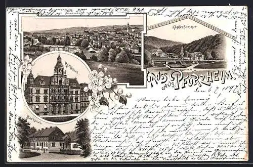 Lithographie Pforzheim, Seehaus, Rathaus und Kupferhammer