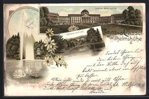 Lithographie Kassel-Wilhelmshöhe, Schloss m. d. Lac, Grosse Fontaine