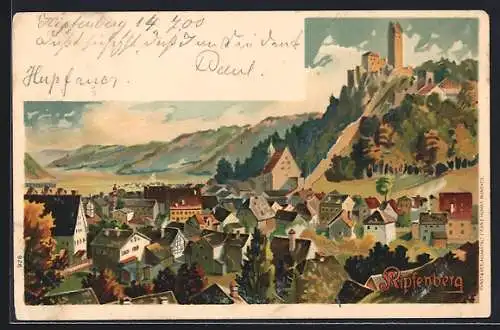 Lithographie Kipfenberg, Totalansicht der Stadt mit Burg