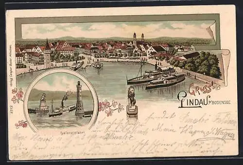 Lithographie Lindau a. Bodensee, Hafeneinfahrt mit Leuchtturm, Ortsansicht