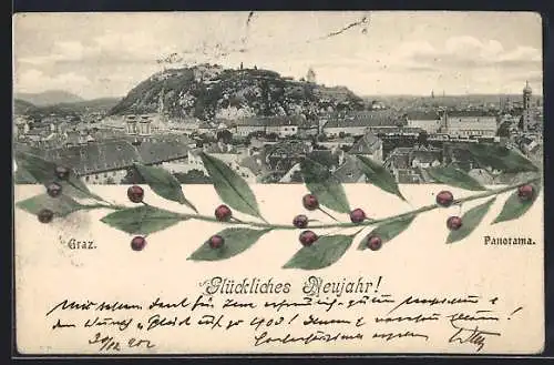 AK Graz, Panorama, Mistelzweig, Neujahrsgruss