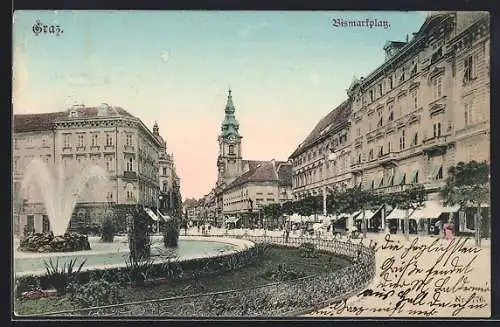 AK Graz, Bismarckplatz mit Friseurgeschäft, Kirche und Brunnen