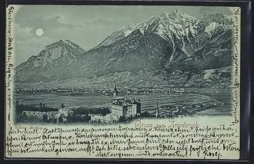 Mondschein-AK Innsbruck, Ortsansicht gegen die Berge