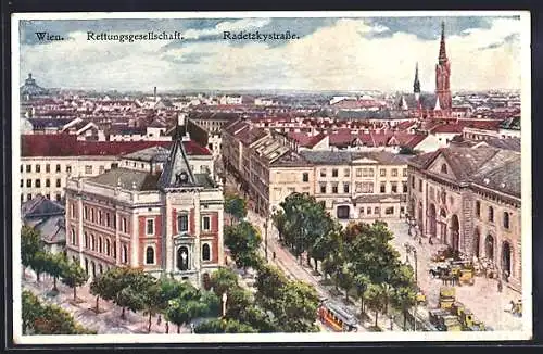 Künstler-AK Wien, Rettungsgesellschaft, Radetzkystrasse, Panorama, Strassenbahn