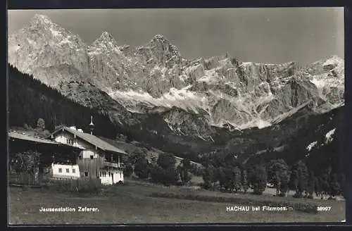 AK Hachau, Jausenstation Zeferer mit Gebirgspanorama