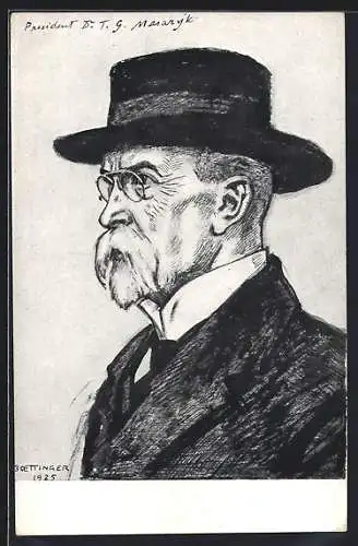 Künstler-AK Präsident Masaryk (TGM) mit Hut im Portrait