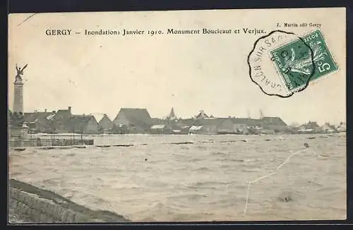 AK Gergy, Inondations Janvier 1910, Monument Boucicaut et Verjux