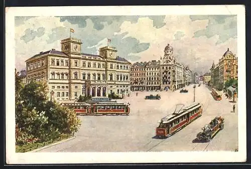 Künstler-AK Wien, Franz Josefsbahnhof mit Strassenbahn