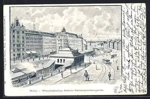 Künstler-AK Wien, Bahnhof der Wienthalbahn Kettenbrückengasse