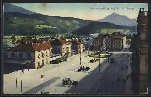 AK Innsbruck, Hauptbahnhof mit Serles, Pferdekutschen