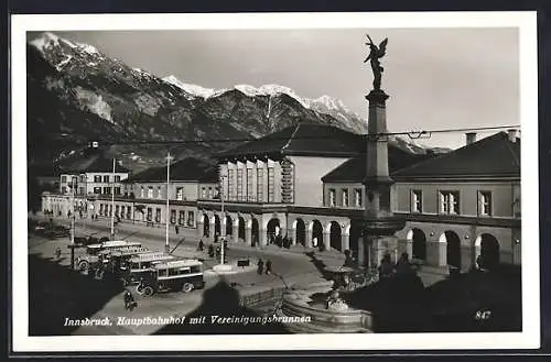 AK Innsbruck, Hauptbahnhof mit Vereinigungsbrunnen