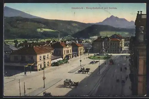 AK Innsbruck, Hauptbahnhof mit Serles und Strassenbahn