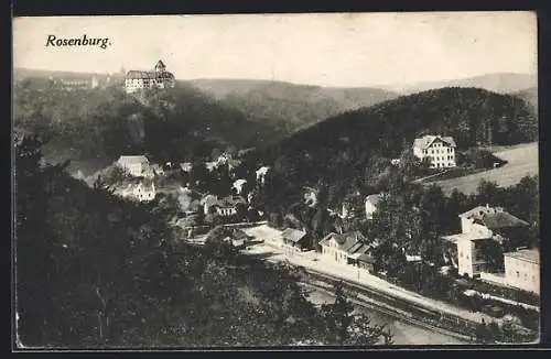 AK Rosenburg, Ortsansicht aus der Vogelschau mit Burg