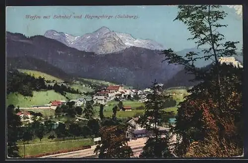 AK Werfen, Teilansicht mit Bahnhof und Hagengebirge