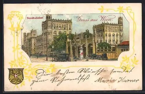 Lithographie Wien, Nordbahnhof mit Litfasssäule, Wappen