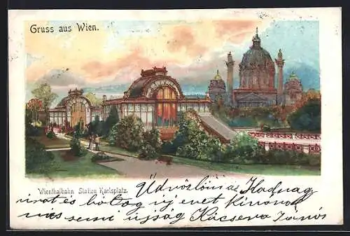 Künstler-AK Wien, Station Karlsplatz der Wienthalbahn