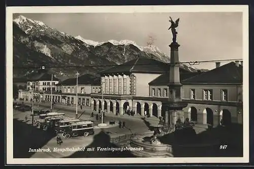 AK Innsbruck, Hauptbahnhof mit Vereinigungsbrunnen