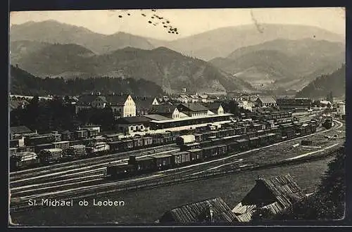 AK St. Michael ob Leoben, Bahnhof mit durchfahrendem Zug