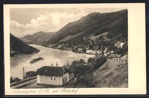 AK Sarmingstein, Teilansicht mit Bahnhof und Flösser