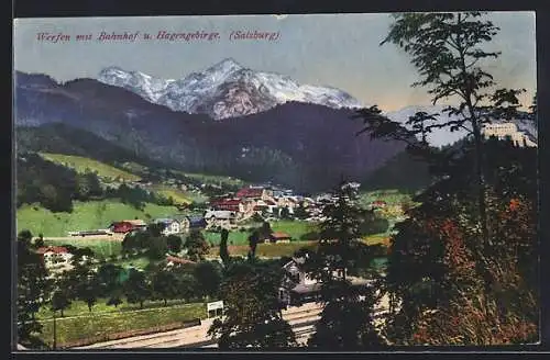 AK Werfen /Salzburg, Blick auf Bahnhof u. Hagengebirge