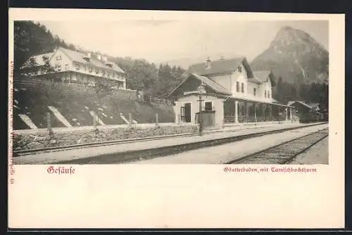 AK Gstatterboden /Gesäuse, Bahnhof Gstatterboden mit Tamischbachthurm