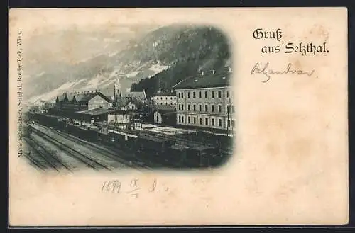 AK Selzthal, Bahnhof mit Kirche und Bergen aus der Vogelschau