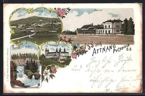 Lithographie Attnang-Puchheim, Bahnhof-Hotel, Bahnhof mit haltendem Zug, Ortsansicht