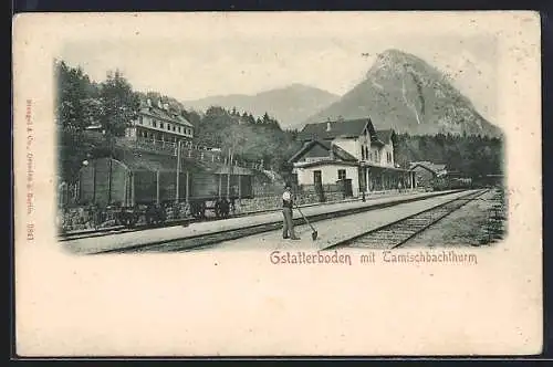 Lithographie Gstatterboden, Bahnhof mit Tamischbachturm