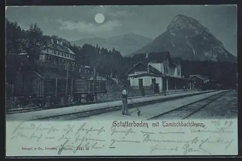 Mondschein-AK Gstatterboden, Bahnhof von der Gleisseite, Blick zum Tamischbachthurm