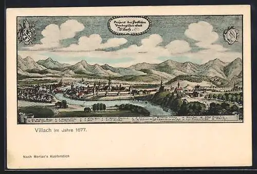 AK Villach, Ansicht in 1677 nach Merian