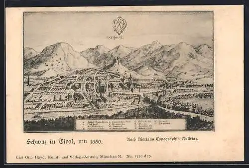 AK Schwaz i. Tirol, Panorama um 1650 nach Merian