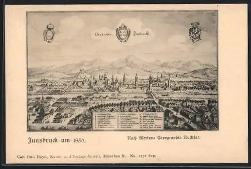 AK Innsbruck, Panorama nach Merian um 1650