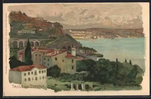 Künstler-Lithographie Raoul Frank: Triest, Blick von Barcola zum Ort