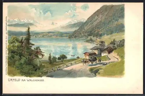 Künstler-AK Edward Theodore Compton: Urfeld am Walchensee, Blick über den Ort, Pferdegespann