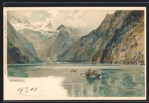 Künstler-AK Edward Theodore Compton: Königsee, Ruderboote auf dem Bergsee