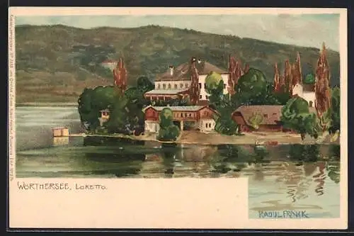 Künstler-AK Raoul Frank: Loretto am Wörthersee, Ortsansicht am Wasser