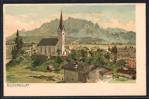 Künstler-AK Edward Theodore Compton: Niederndorf, Teilansicht mit Kirche gegen das Gebirge