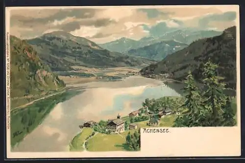 Künstler-AK Edward Theodore Compton: Achensee, Panoramablick auf Dorf und See