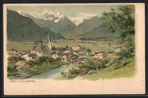 Künstler-Lithographie Edward Harrison Compton: Zell, Gesamtansicht aus der Vogelschau, Pferdekutsche