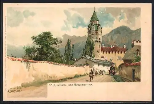 Künstler-Lithographie Edward Theodore Compton: Hall in Tirol, der Münzerturm