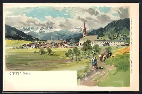 Künstler-AK Edward Theodore Compton: Seefeld i. Tirol, Ortsansicht mit Kirche