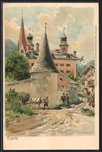 Künstler-Lithographie Edward Theodore Compton: Fügen, Strassenpartie