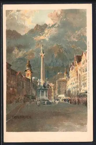 Künstler-AK Edward Theodore Compton: Innsbruck, Denkmal gegen Bergmassiv