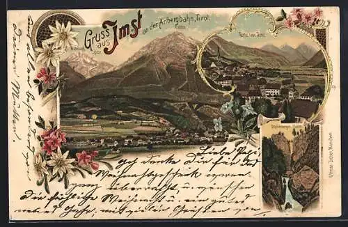 Lithographie Imst an der Arlbergbahn, Starkenberger Klamm, Multekopf-Spitze, Partie von Imst