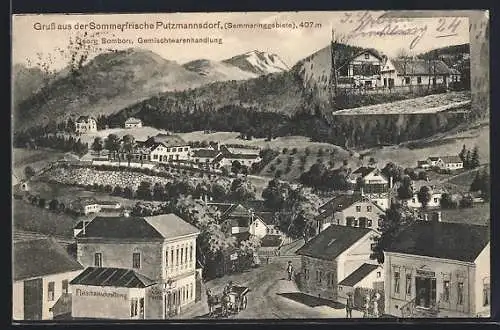 Künstler-AK Putzmannsdorf /Semmering, Alois Leyrer`s Gasthof, Ortsansicht mit Georg Sombori`s Gemischtwarengeschäft