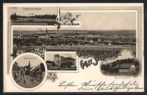 Lithographie Gross Siegharts, Localbahn unterwegs, Bad u. Promenade, Karlsteinerstrasse, Ortspanorama