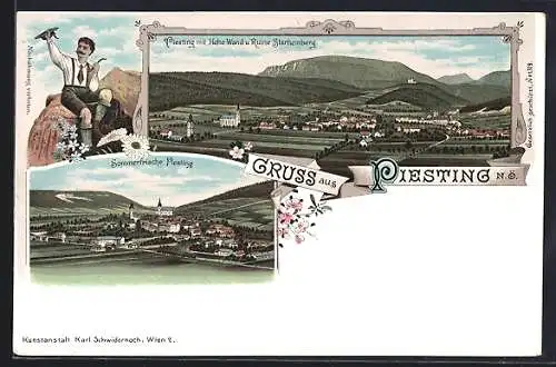 Lithographie Piesting, Ortsansicht gegen Hohe Wand und Ruine Starhemberg