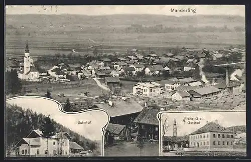 AK Munderfing, Franz Graf`s Gasthof, Bahnhof, Ortsansicht