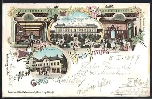 Lithographie Wien-Hietzing, Hotel Hietzinger Hof, Cafe mit Billardzimmer